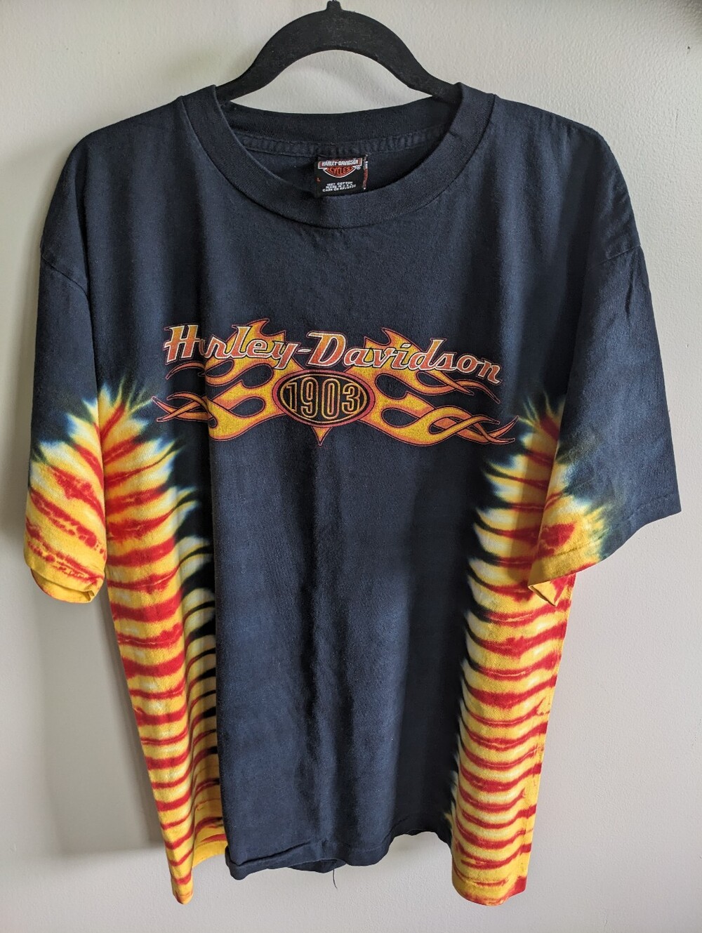 HARLEY DAVIDSON Vtg? Mantua Ohio T-Shirt fire Orange Black Tie Dye USA Size L